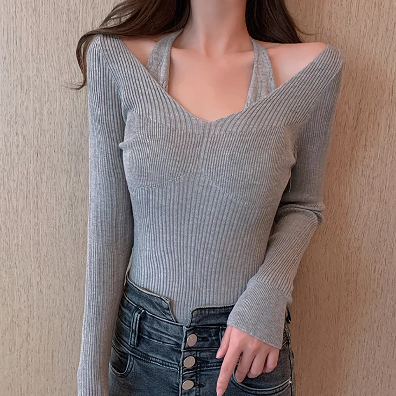 

Halter Neck Women Knit Pullover Black Ribbed Slim Sweater Female Spliced Fake Two Piece Autumn Winter Korean Fashion Knitwear