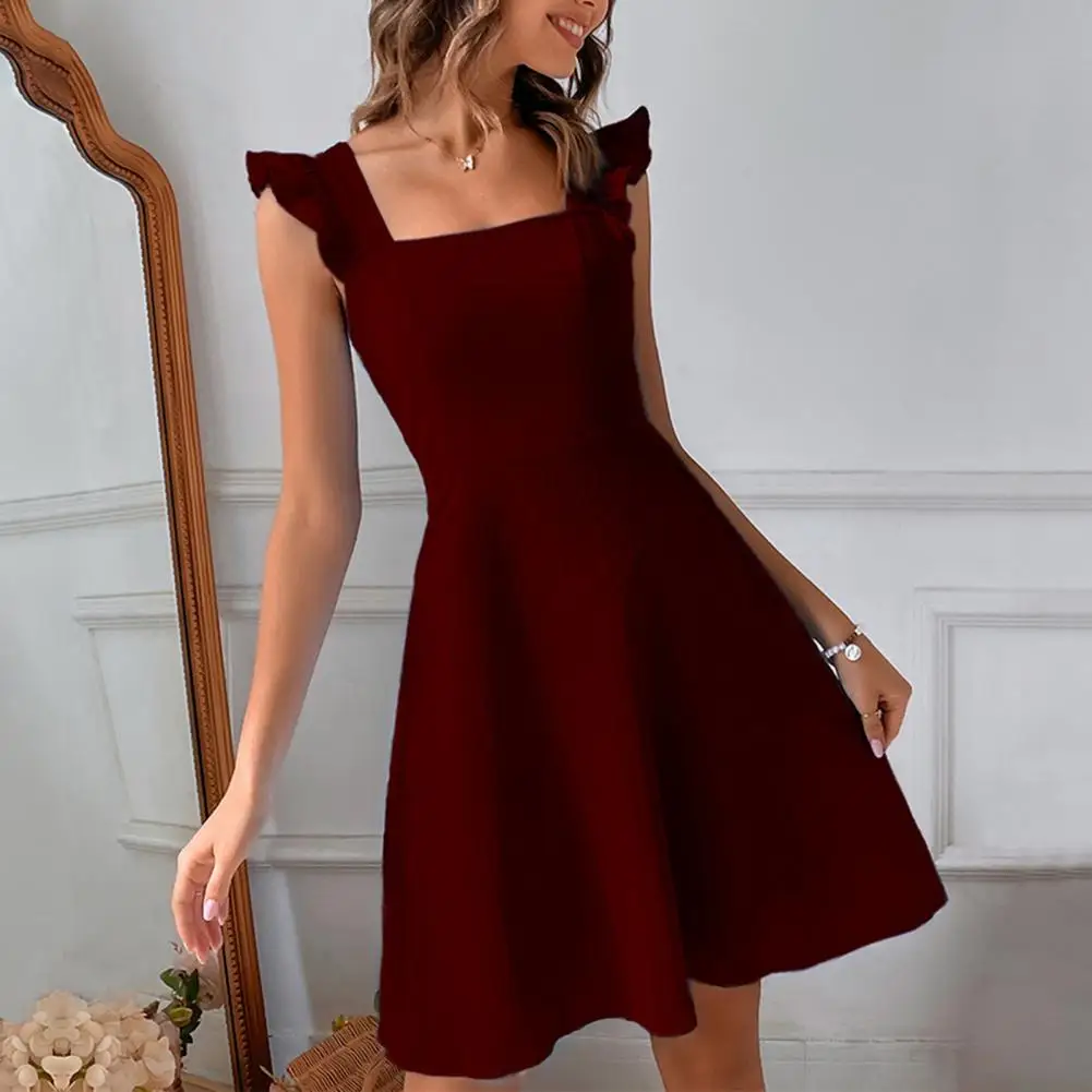

Women Mini Swing Dress Square Collar Tie Back Backless Summer Dress Ruffle Trim Sleeve Pleated Hem Dress Female Streetwear