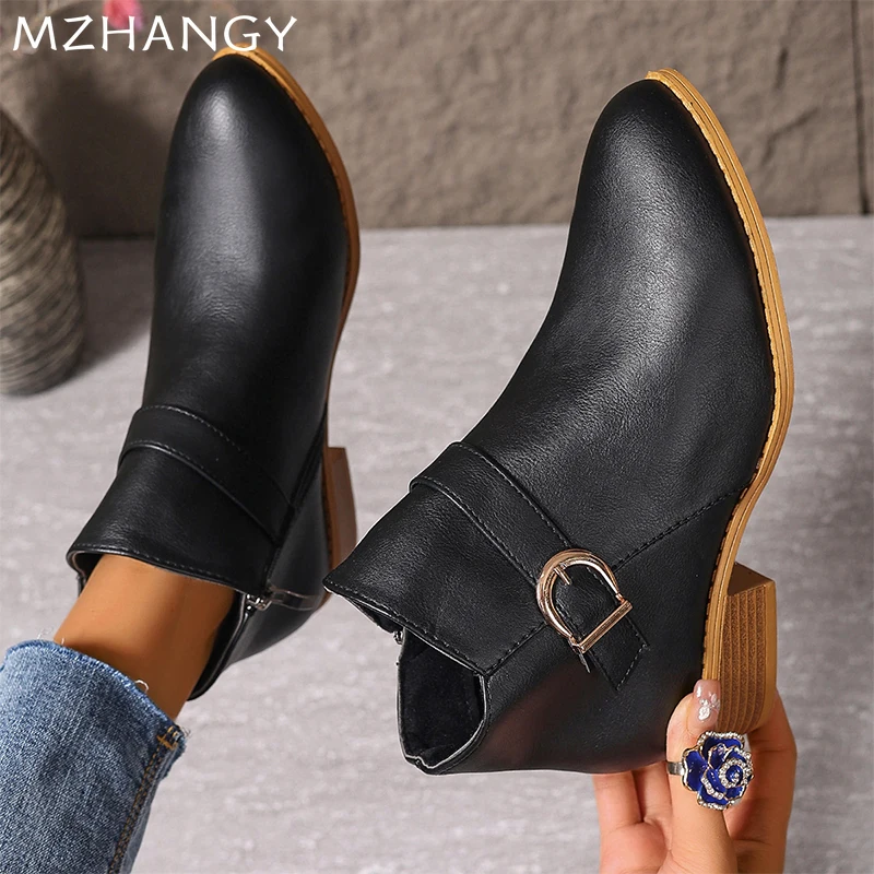 Кожаные женские ботильоны модная женская обувь на массивном каблуке тренд 2024