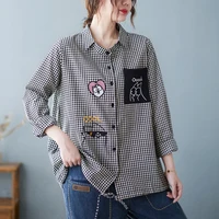 women casual shirt new 2022 spring autumn korean style vintage plaid cartoon embroidery female blouses clothes fashion tops hot