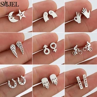 2022 stainless steel geometric stud earrings for women star sun moon earings fashion jewelry angel wing ghost ear pendientes