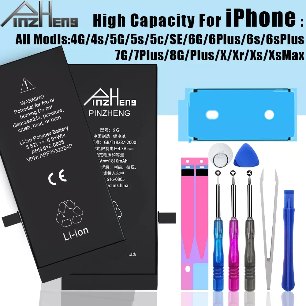 

2023New PINZHENG Mobile Phone Battery For iPhone 6S 6 7 8 Plus X High Capacity Replacement Bateria For iPhone 5 5S SE XR XS Max