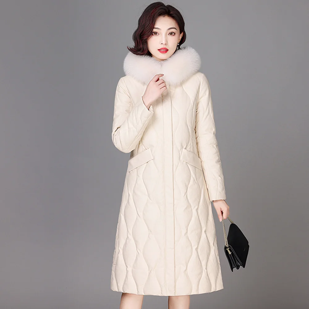 New Women Sheep Leather Down Coat Winter Casual Warm Real Fox Fur Collar Long Leather Down Coats Loose Thick Hooded Outerwear
