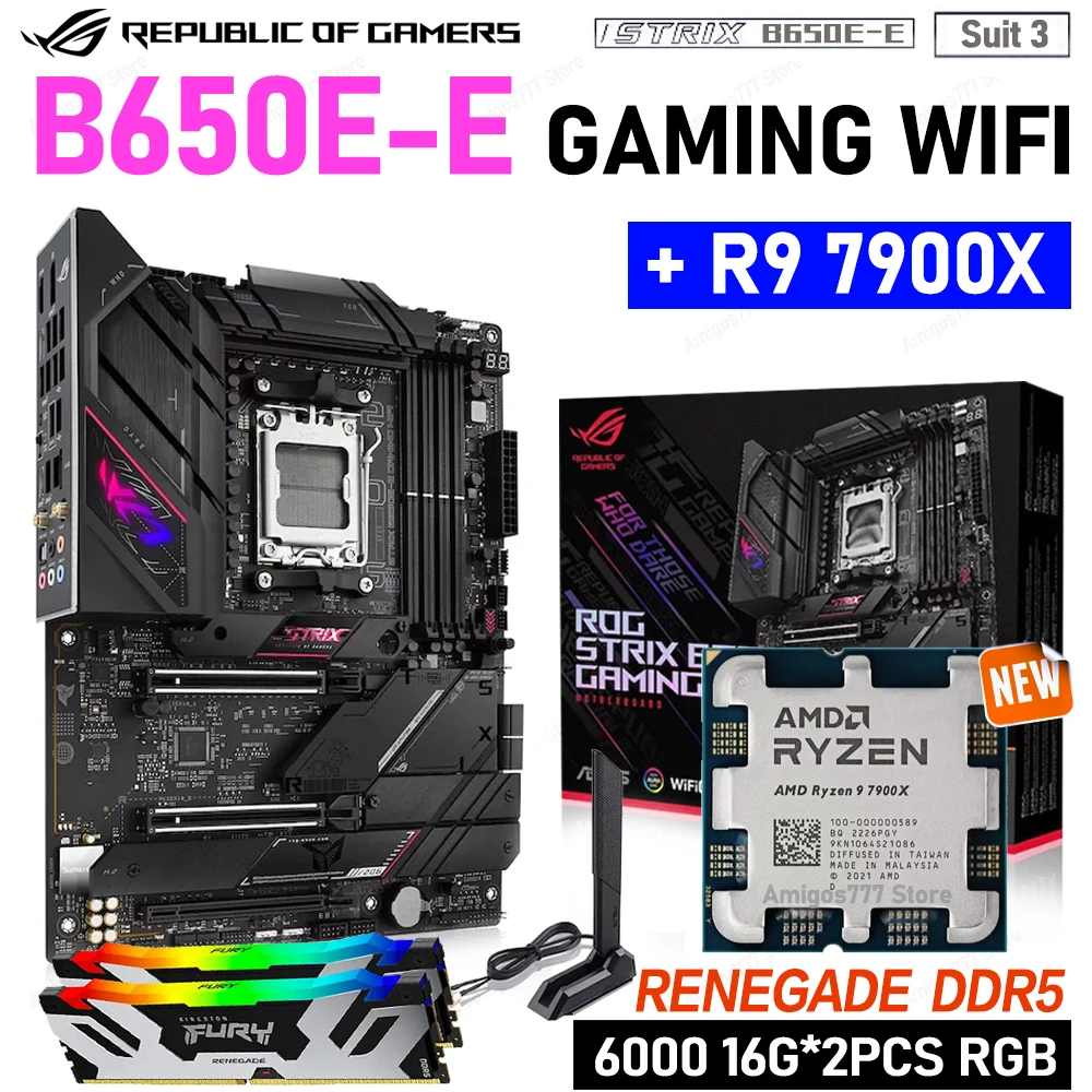 ASUS ROG STRIX B650E-E GAMING WIFI AM5 комплект материнской платы R9 7900X CPU с памятью Renegade DDR5 6000 МГц 32 Гб RGB ATX Новый AMD B650 ASUS ROG STRIX B650E-E GAMING WIFI AM5 комплект материнской платы R9 7900X CPU с памятью Renegade DDR5 6000 МГц 32 Гб RGB ATX Новый AMD B650