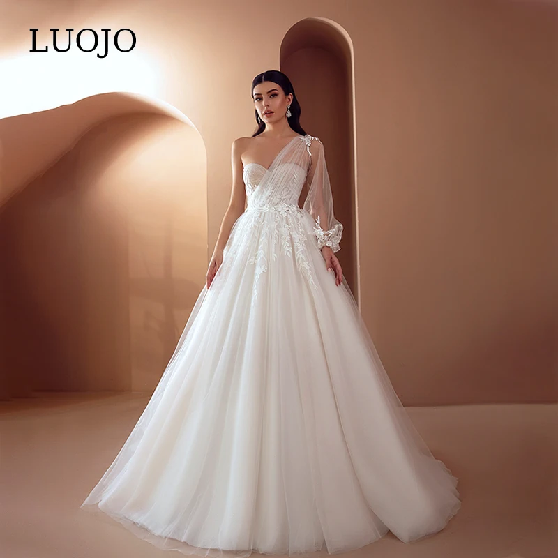 

LUOJO One Shoulder Sweetheart A-line Tulle Vestidos De Novia Sweethert Wedding Dress Appliques Tea-length Bridal Gown For Women