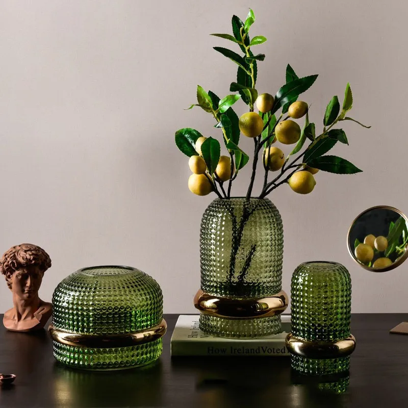 

European Dark Green Gold Border Glass Vase Flower Arrangement Hydroponic Flower Vase Plant Potted Indoor Desktop Decoration Gift