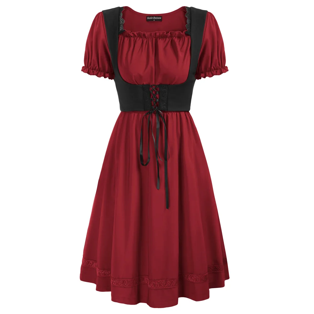 

SD Women Summer Dress Gothic Ruched Renaissance Square Neck Vintage Fashion Dress Cross Straps Short Sleeve V-Back A-Line Dress