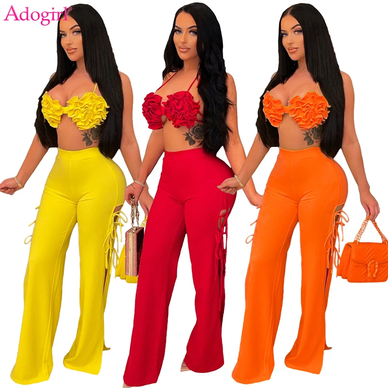 Adogirl Solid Two Piece Set Women Outfits 2022 Spring Summer 3D Flower Bra Top Side Split Lace Up Wide Leg Pants Casual Clothes