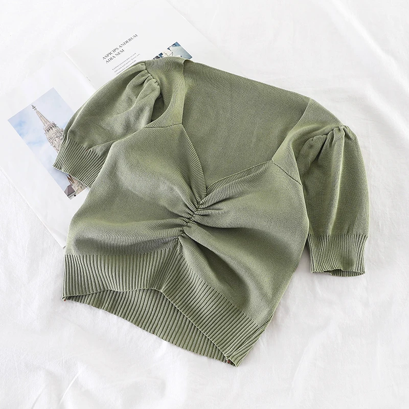

Heliar Women Knitted Short Sleeve Shirts Ruched Front V Neck Casual Crop Tops Solid Color Knitting Fashion Short Tops New
