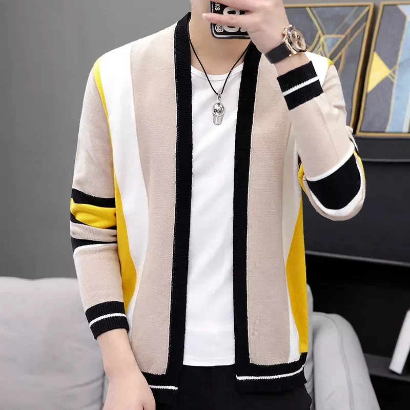 

NEW IN Autumn Striped Cardigan Men Korean Knitted Overcoat Slim Fit Long Sleeve Sweaters Mens Streetwear Casaco Masculino 3XL-M
