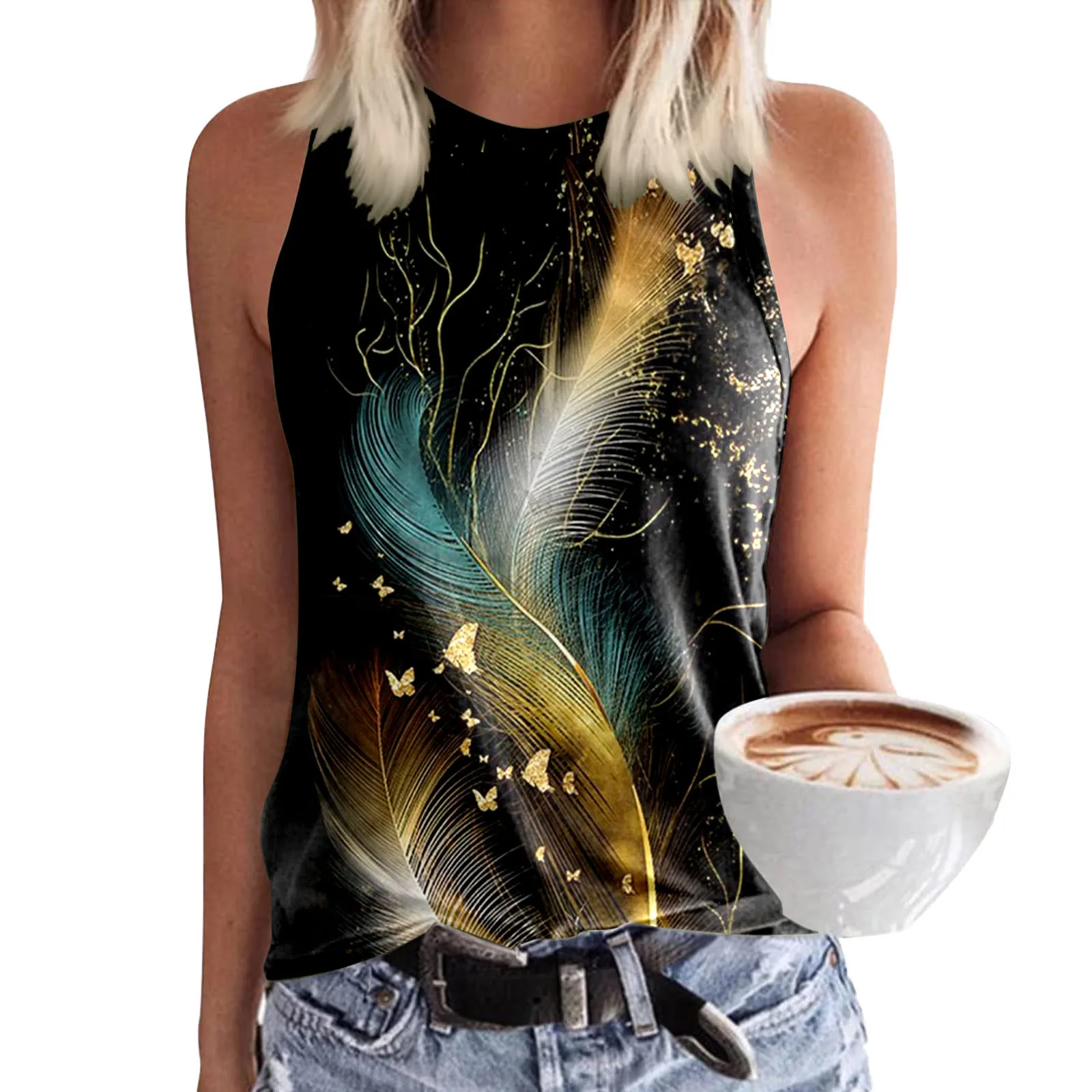 

Кроп-Топ женский с круглым вырезом, повседневная майка без рукавов, топ свободного покроя с принтом, базовый топ для активного отдыха, прими...