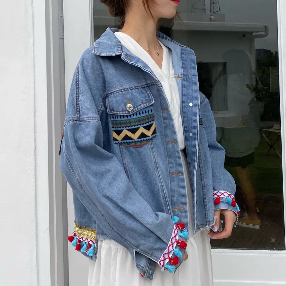 Винтажные осенние куртки с блестками и аппликацией кисточками цветочной