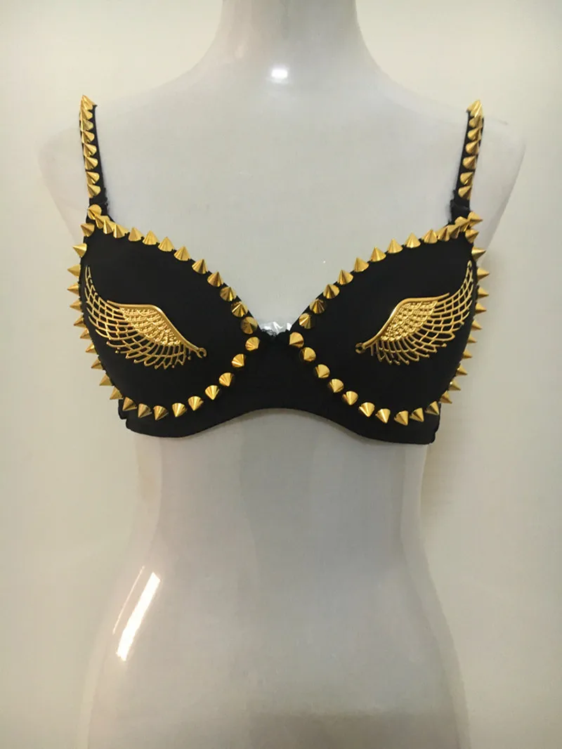 Nightclub Show Women Chic Spike Stud Rivet Bra Gold Silver Lingerie Punk Party Clubwear Push Up for Dance Costume | Женская одежда