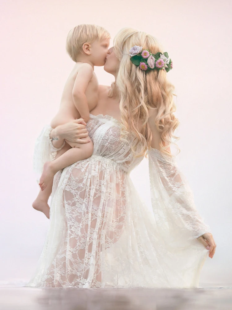 Lace Maternity Gowns Front Opening Belly Photography Lantern Sleeve Pregnancy Photoshoot Dress Shoulderless Pregnant To Be Mom enlarge