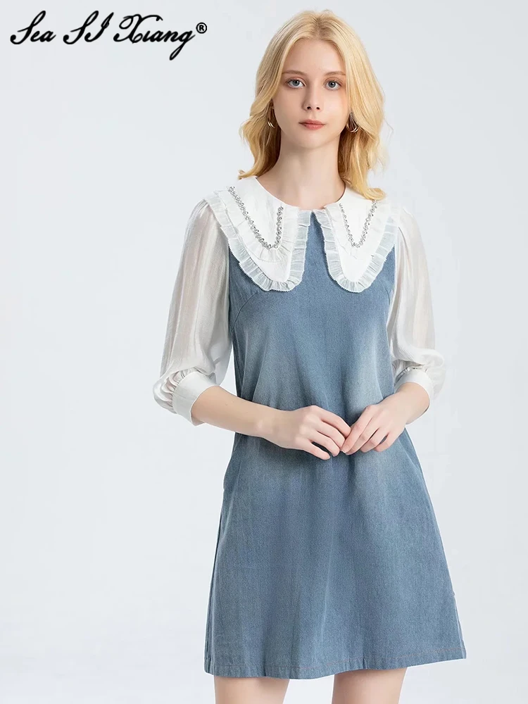 Seasixiang Fashion Designer Summer Denim Dress Women Crystal Peter pan Collar Half Sleeve Casual Mini Dresses