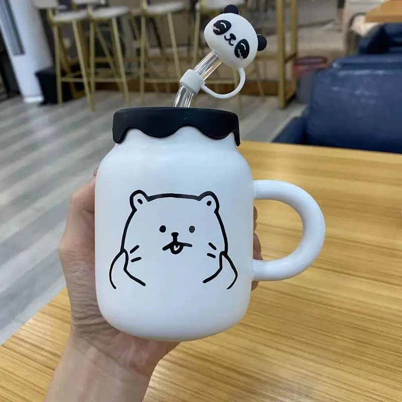 

Ceramic Little Bear Mug Cup with Straw Coffee Kawaii Cups Coffe Tea Set Mugs Ceramics Pottery Cofee Cute Go Drinkware Kitchen