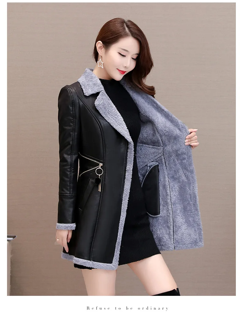 Women Faux Leather Windbreaker Plus Velvet Thick PU Leather Woollen Overcoat V Collar Large Size Fashion Warm Leather Jacket