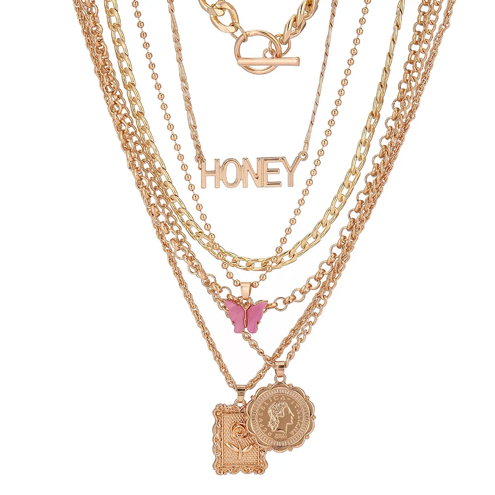 

Fashion Honey Flower Choker Necklace Multilayer Metal Acrylic Butterfly Pendant Necklaces for Women Jewelry Party Gifts