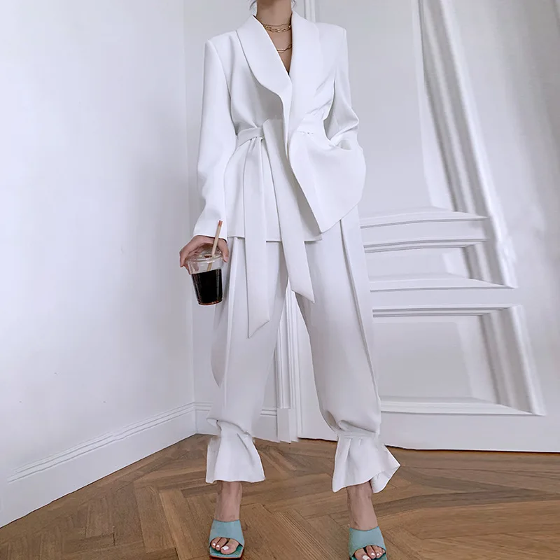 White Fashion Double Layer Women Suits With Belt Blazer 2 Pcs Straight Slim Pants Loose Fashion Cool Girl Clothing