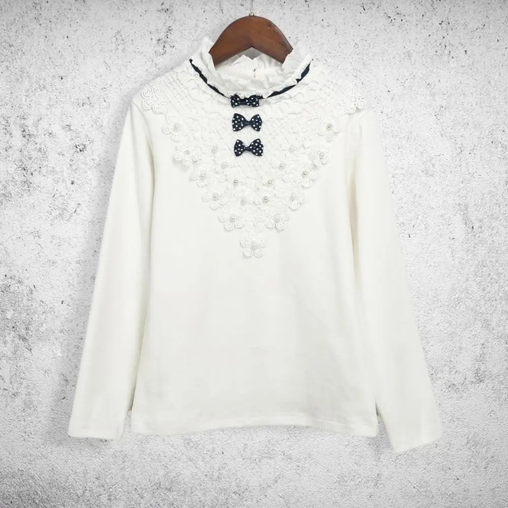 

Pretty Good-looking Hollow Out Basic Top Girl Shirt Bow Decor Lace