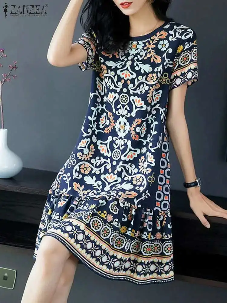 

ZANZEA Women Ethnic Printed Mini Dresses Round Neck Casual Vestidos Summer Beach Short Robe Short Sleeve Holiday A-line Sundress