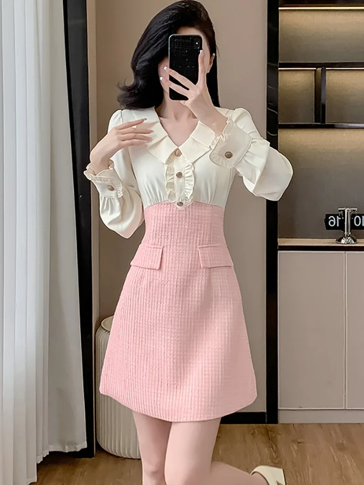 Женское розовое лоскутное белое мини-платье с длинным рукавом и рюшами на