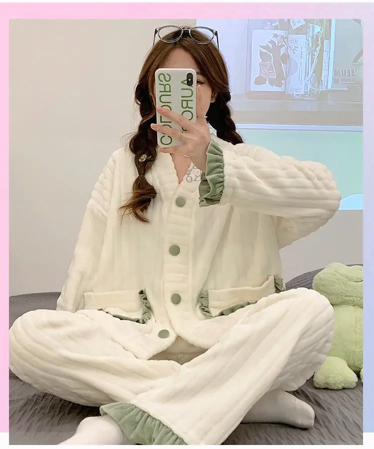 Yasuk Autumn Winter Women's Casual Lovely Sweet Girl Warm Soft Sleepwear Loose Pajamas With Pants  Velvet Simple Lace Pocket