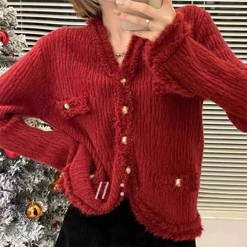 

Red Sweater Coat For Women In Autumn And Winter Chic Design Small Minority Fragrance Gentle Temperament Knitted Cardigan