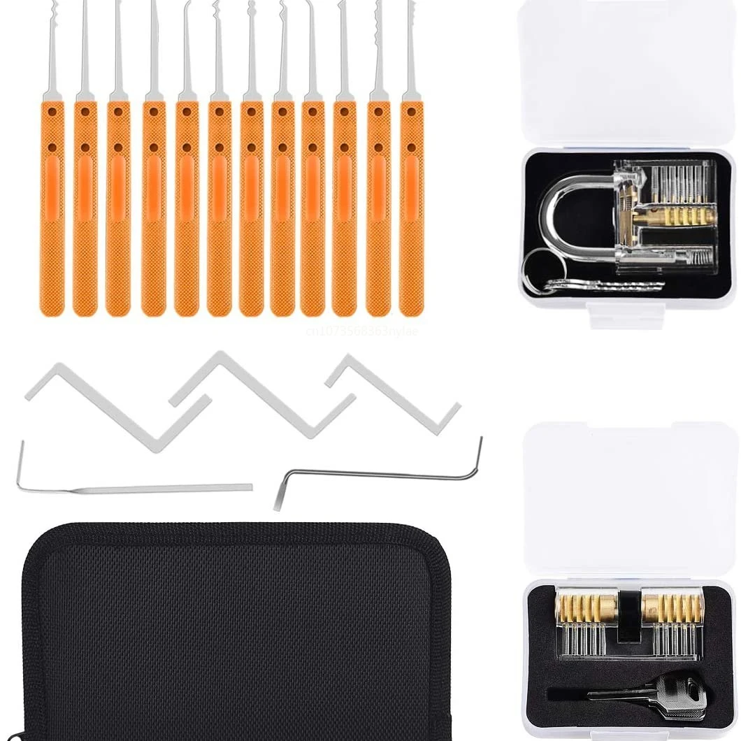 

Orange tool kit and different types of transparent locks practice extracting broken keys, opening and unlocking doors,