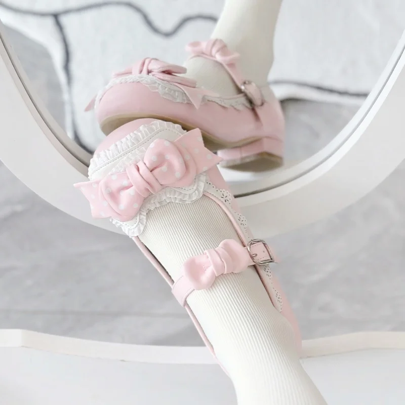 Фото Японские женские туфли в стиле Sweet Lolita, конфетных цветов, с бантом, на низком каблуке, с круглым носком, милые, из натуральной кожи, для девочек №3