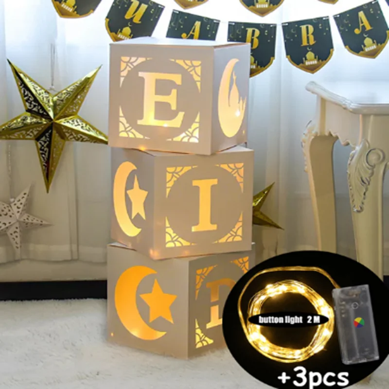

3pc Eid Mubarak Transparent Letter Balloon Box With light Ramadan Lanterns 2023 Kareem Decorations Muslim Islamic Festival Decor