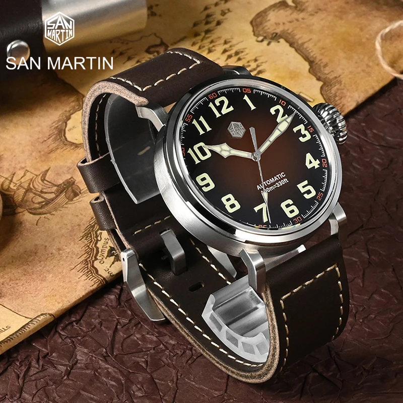 

San Martin Mens Pilot Wristwatch 44.5mm Gradient Brown Dial Sapphire YN55 Automatic Movement Watch 10Bar Water Resistant Watches