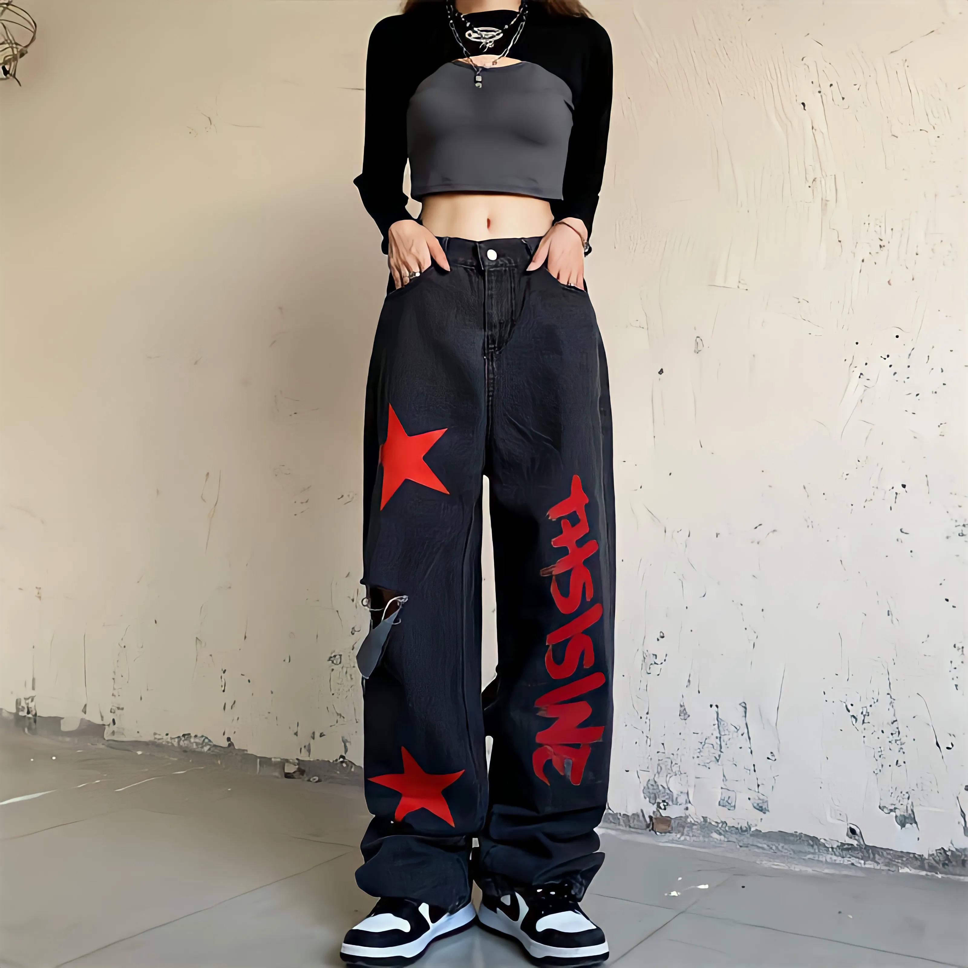 

Черные мешковатые джинсы в американском стиле хип-хоп, женские винтажные брюки с высокой талией, рваные брюки с широкими штанинами и принтом звезд, граффити и надписями