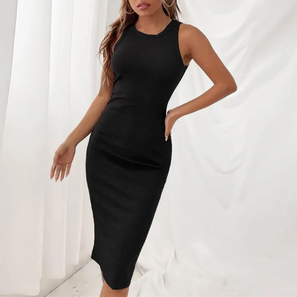 

Stylish Bodycon Dress Sleeveless Butt Lifting Female Slim Crew Neck Dress
