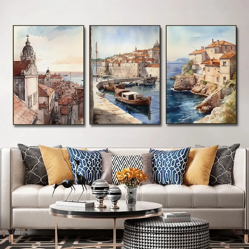 Акварель средиземноморский Дубровник старый город лодка берег городская пейзаж