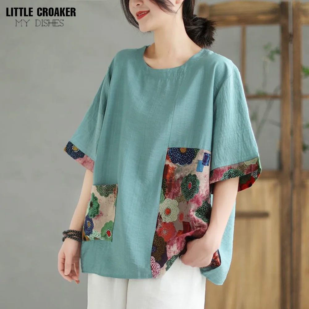 

Футболка женская из хлопка и льна, винтажная Свободная Повседневная рубашка оверсайз с коротким рукавом, с принтом, в стиле кэжуал