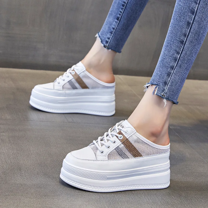 

Half Slippers New Summer Women Sandals Slippers Outer 8cm Heels White Shoes Flat Beach Muller Slippers