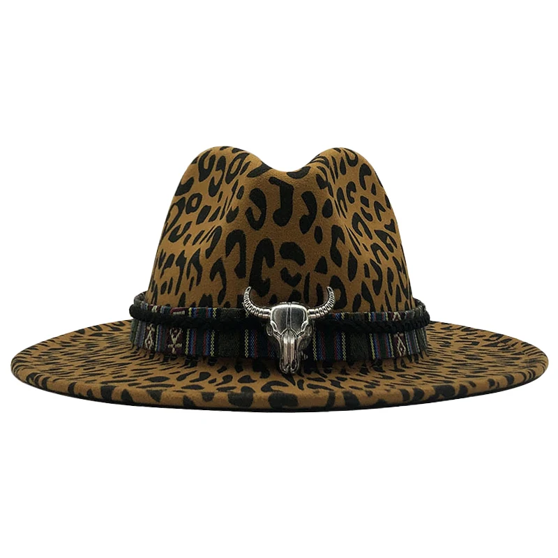 Шляпа Федора унисекс шерстяная шляпа с плоскими полями леопардовым принтом