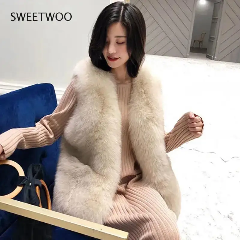 Autumn Winter Solid Imitation Fox Fur Vests Korean Sexy Sleeveless Pocket Cardigan Jackets New Slim 4 Colors Streetwear Clothing