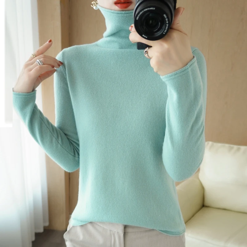 

100%Pure Wool Sweater Woman High Neck Pullover Cashmere Sweater Casual Long-sleeved Knitted Top 2022 Autumn/Winter Female Jacket