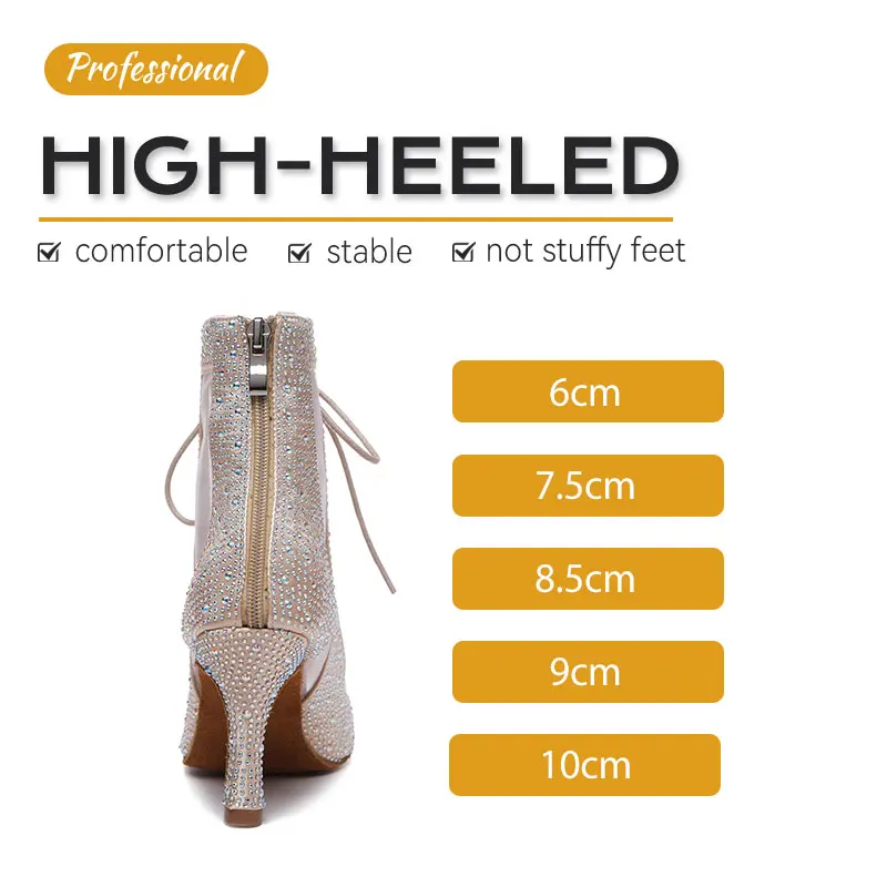 2022 HROYL Dance-Shoes Women Girls Latin Salsa Tango Ballroom Ladies Soft Bottom Modern Black Drill Mesh High Heel  Professional