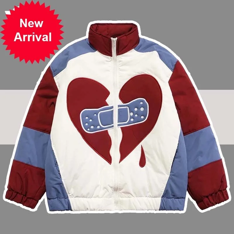 Block Hip Hop Color Patchwork Jacket Men Streetwear Heart-shaped Embroidery Coat Women Harajuku Cotton Casual Zipper Outwear