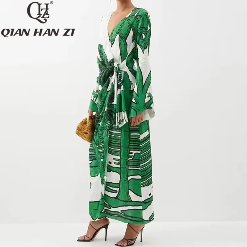 

QHZ дизайнерское элегантное пляжное Свободное длинное платье для женщин с V-образным вырезом Расклешенным рукавом халат с винтажным рисунком платье макси для отпуска
