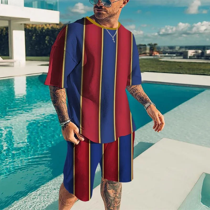 

Summer Men's Tracksuit Stripe Casual Streetwear Fashion Sport Suit For Men Short Sleeve T Shirt and Shorts Sportswear Clothing