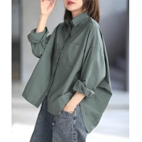 houzhou harajuku blouses women oversized korean fashion long sleeve casual cardigan female basic green top asymmetrical cotton