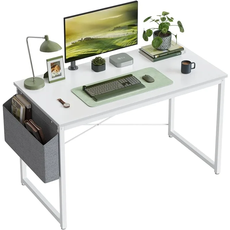 

Home Office Writing Study Desk, Modern Simple Style Laptop Table with Storage Bag, White Metal Frame, White