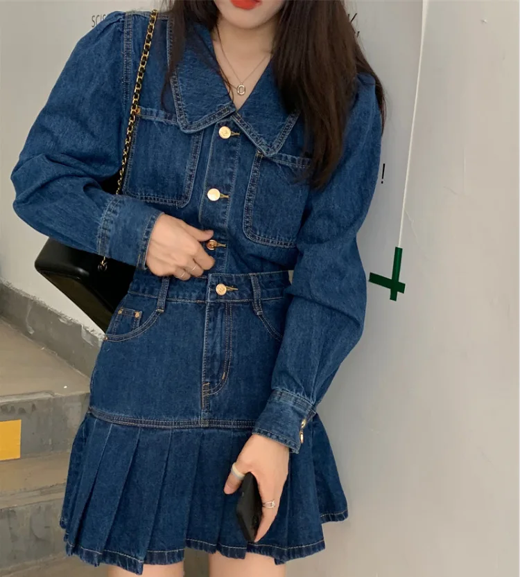 

Lapel Long Sleeve Denim Jacket High Waist Pleated Mini Skirt and Blouse Set for Women Aesthetic Autumn Streetwear Y2k Suits 2022