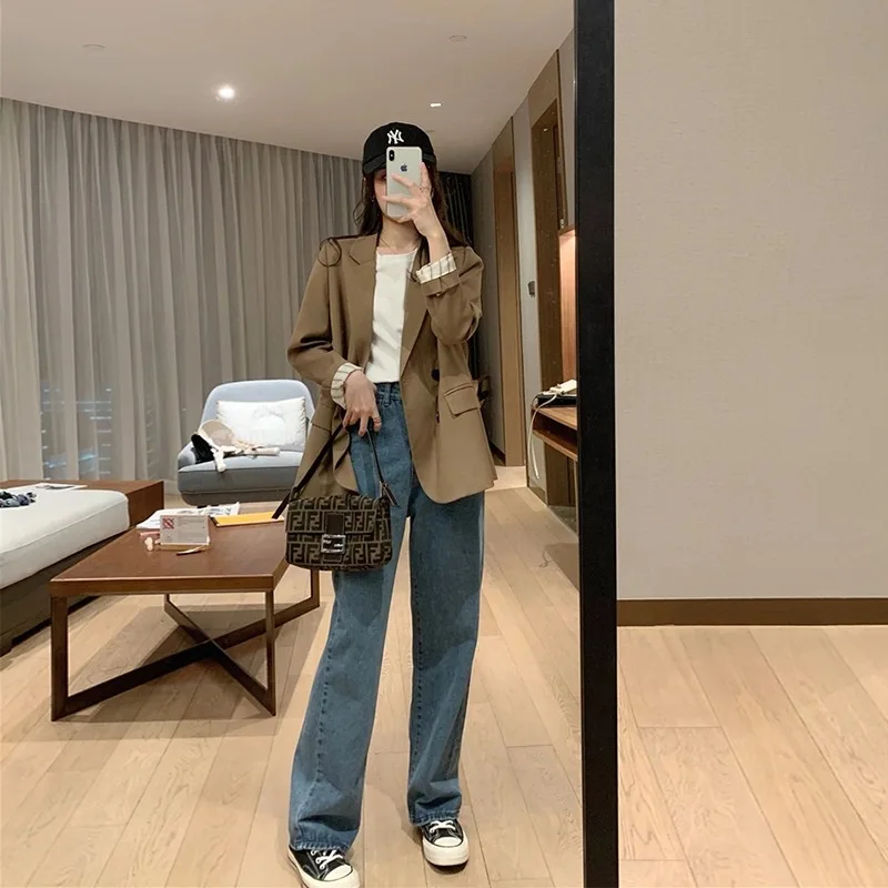 Women Korean Khaki Office Blazer Solid Colors Single Breasted Commute Suit 2023 Spring Autumn New Fashion Indie Aesthetic Blazer