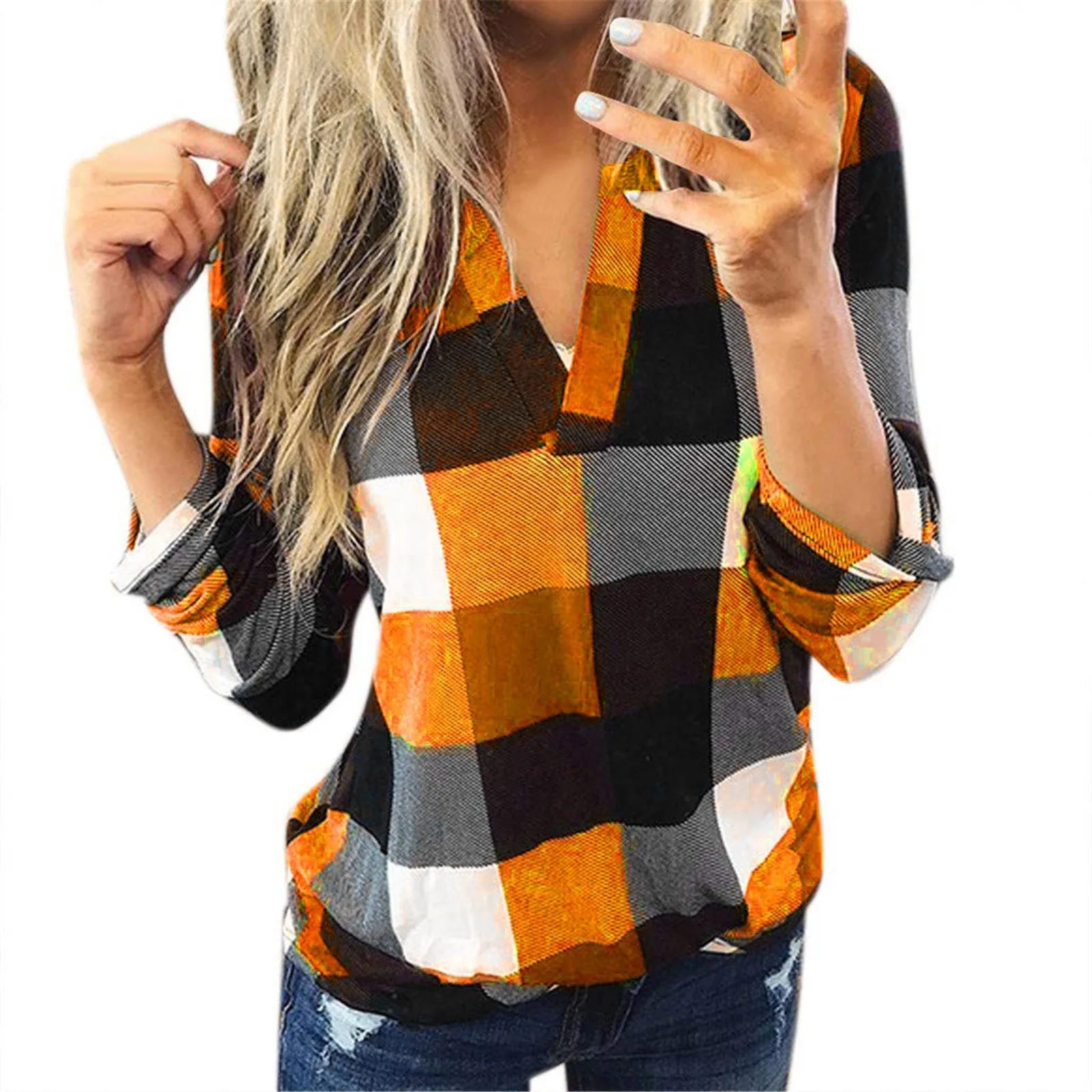 

Women Casual Cotton Long Sleeve Plaid Shirt Women's Slim Jacket Shirt Top