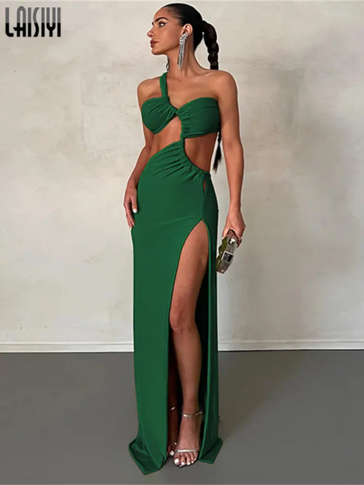 

Женские летние платья LAISIYI на одно плечо, длинное облегающее модное однотонное клубвечерние платье Y2k с высоким разрезом, сексуальная женск...